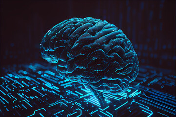 Human brain on electronic circuit board. 3D illustration of the concept of artificial intelligence and brain-chip interface development. High quality illustration