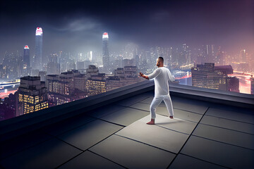 Fototapeta na wymiar Martial arts, fighter training on the top of roof. Qigong practice with city view. High quality illustration