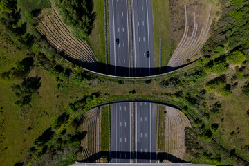 Highway traversed by wildlife crossing forming a safe natural corridor bridge for animals to migrate between conservancy areas. Top down aerial of environment nature reserve infrastructure eco passage - obrazy, fototapety, plakaty