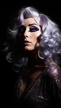 A gorgeous drag queen in stage makeup with lavender hair and sparkling dress. This is not a real person, generative AI. 