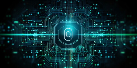 Cyber security concept with closed padlock on circuit board background created with AI 