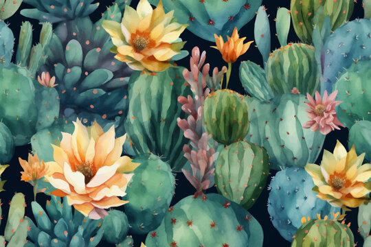 watercolor painting of seamless pattern cactus and lotus flowers