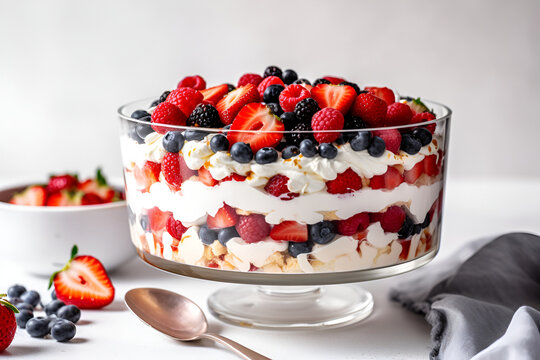 Patriotic festive trifle in big bowl for Independence Day. Summer layered dessert for 4 of July. Close up.Generative AI.
