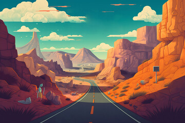 Scenic desert road, flat color illustration. Rock formations and sparse vegetation. Desert like surroundings. Highway 2D simple cartoon landscape with high ridges in the background Generative AI