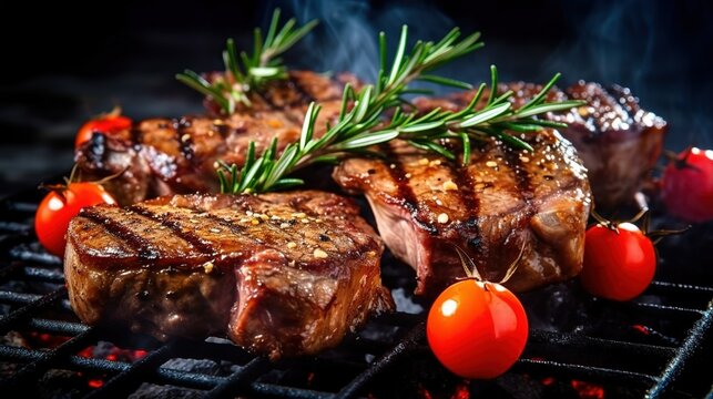 Beef greel chops are served with tomatoes and rosemary. Generative AI