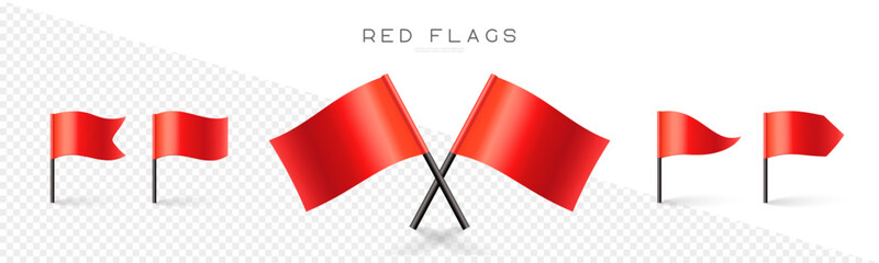 Red flag vector set. Map marks for gps point. Concept of pointer, tag and important sign. 3d icons collection isolated on transparent background - obrazy, fototapety, plakaty