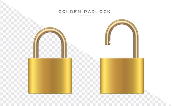 Golden padlock in the open and closed position. Metallic padlocks set. Realistic vector locks illustration