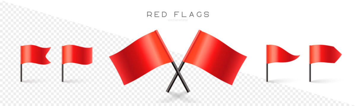 Red Flag Vector Set. Map Marks For Gps Point. Concept Of Pointer, Tag And Important Sign. 3d Icons Collection Isolated On Transparent Background