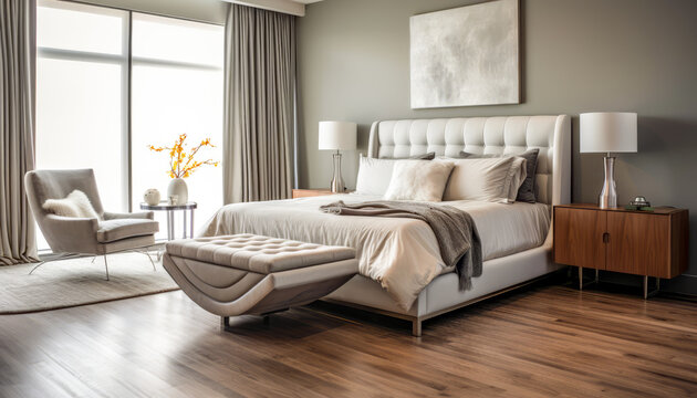 Modern bedroom. Sleek and contemporary master bedroom with a neutral color palette.