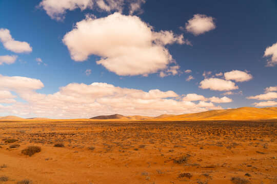 Wide arid African landscape with blue sky, clouds and yellow red dry soil.