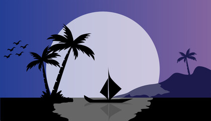 Fototapeta na wymiar illustration of a boat on the ocean behind the moon, suitable for background, template, cover