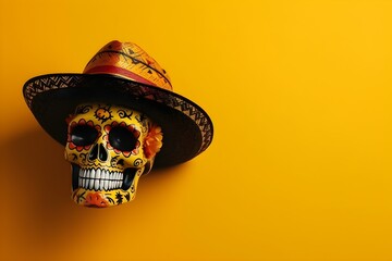 Mexican sugar skull with sombrero and hat on yellow background with copyspace