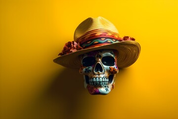 Mexican sugar skull with sombrero and hat on yellow background with copyspace