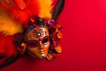 Beautiful carnival mask with feathers on red background with copyspace