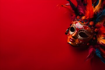 Beautiful carnival mask with feathers on red background with copyspace