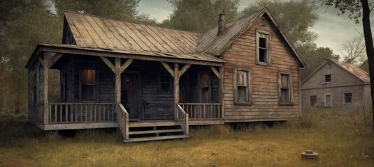 An old abandoned broken wooden house in the middle of the forest like a scene from a western movie. Concept of horror with ghosts. Generative AI. - obrazy, fototapety, plakaty