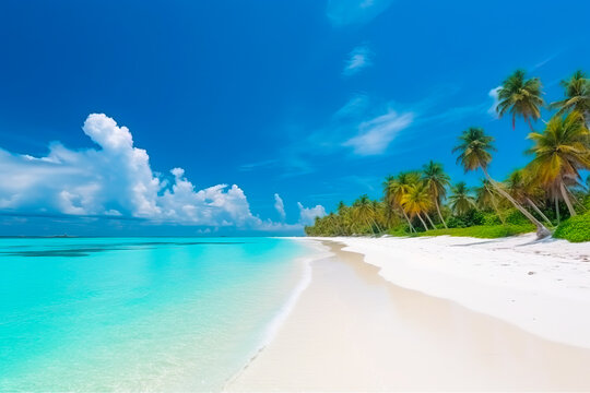 A beautiful panoramic view of Maldives island's tropical beach, showcasing its pristine white sand, lush palm trees, and crystal-clear turquoise waters, all generated by Generative AI