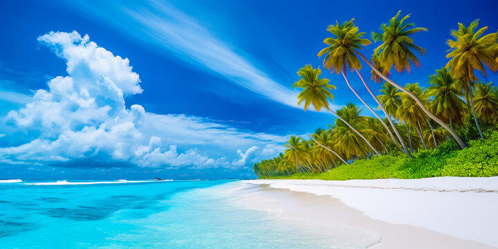 A picturesque view of Maldives island's tropical beach, with its soft white sand, swaying palm trees, and crystal-clear turquoise waters, all created by Generative AI