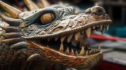 A wooden dragon head of dragon boat