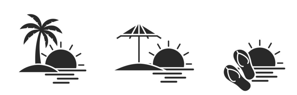 beach vacation icons. palm tree, beach umbrella, flip flops, sea and sun. vector images for tourism design
