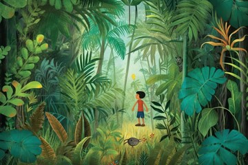 AI Generated childrens story book page of boy adventures into a lush forest background