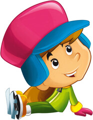 cartoon scene with young boy sitting or having accident on ice skating doing sport isolated illustration for children