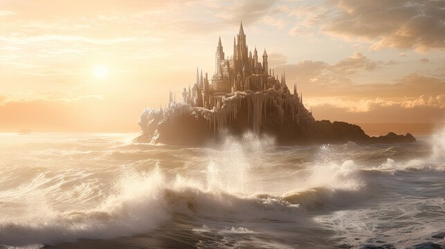 Ethereal Castle Overlooking Soft Ocean. Epic Fantasy Artwork