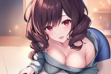 cute buxom brunette anime girl, room in background, generative ai