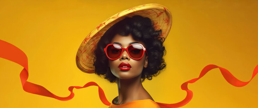 clean orange background with beautiful African American woman wearing fashion eyeglasses girl banner - generative ai