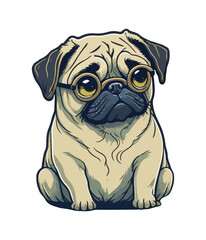 Pug dog cartoon illustration. Cute friendly fat chubby fawn sitting pug puppy, smiling with tongue out. Pets, dog lovers, animal themed design element isolated on white.