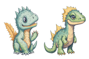 Watercolor Vector illustration set of colorful dinosaurs. Cute cartoon dinosaur illustration for children's bedroom painted in watercolor.