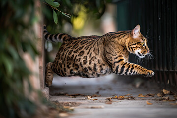 Obraz premium a cat that is jumping in the air with it's front paws on its hinds as if they are trying for food. Generative Ai