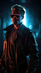 Photo realistic science-fiction, fantasy, illustration of a synthwave, spaceship pilot or smuggler. Anatomy and lighting reference. Generative AI.