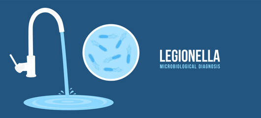 Illustration of Legionella pneumophila and water. Microbiological diagnosis for poster and banner with place for text. Legionella microorganisms are facultative intracellular parasites. Vector