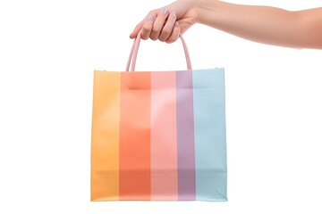 Hand holding eco or reusable colorful shopping bag against white background