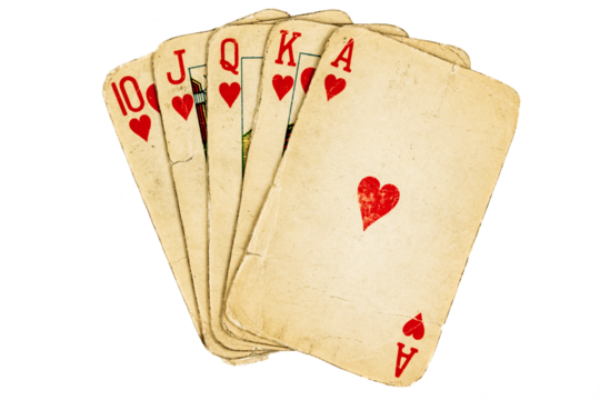 Four old dirty aces poker cards on a transparent isolated background. png