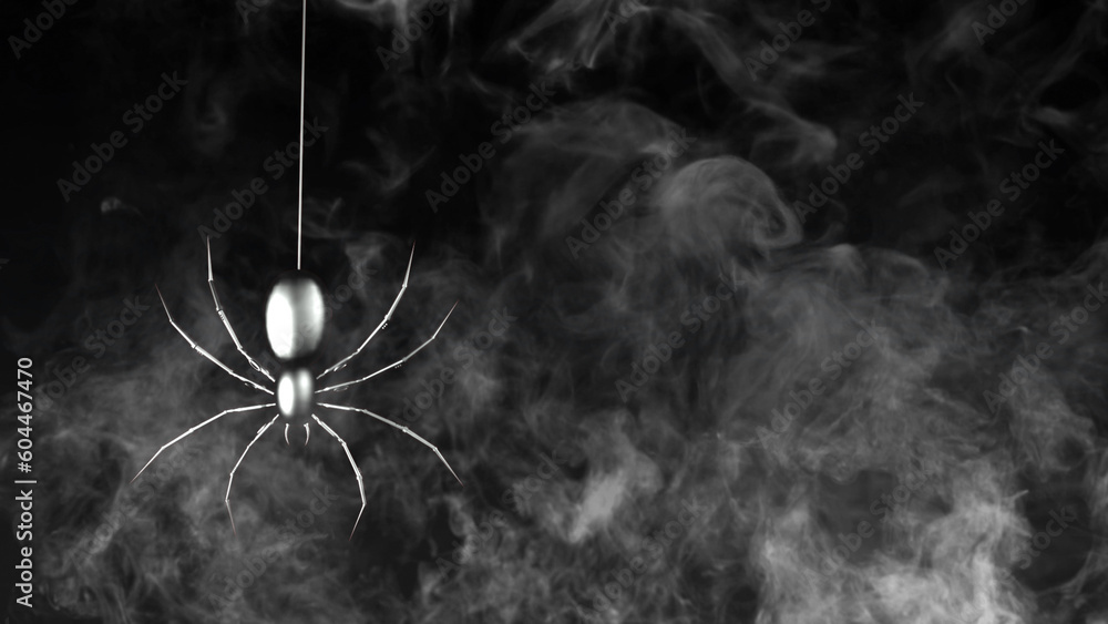 Wall mural metallic spider swinging on web with smoke features a metallic spider swinging from a web and smoke 