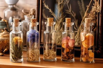 Fototapeta premium A group of bottles filled with different types of flowers