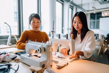 Fototapeta premium Two women sitting at a table with a sewing machine