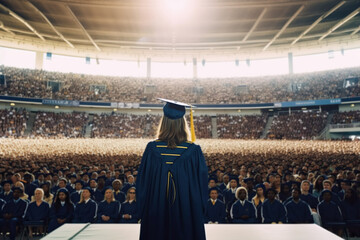 A woman in a graduation gown standing in front of a crowd