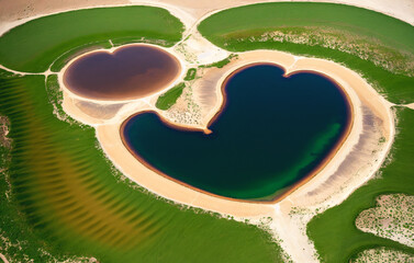 Aerial view of a lake with a heart shaped hole in it. Generative AI.