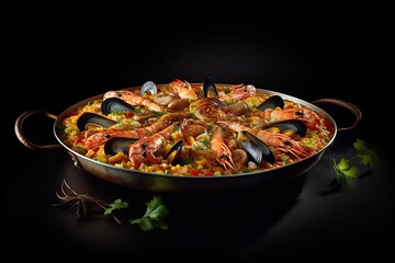 Paella is a traditional Spanish dish. Cooked shrimps, clamps, mussels. Mediterranean cuisine along with vegetables. Tasty dish with seafood lie in a frying pan. Close up delicious food. Generative AI
