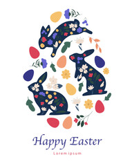 Happy Easter postcard. Silhouettes of rabbits with colorful eggs and plants. Traditional spring international religious holiday and festival. Poster or banner. Cartoon flat vector illustration