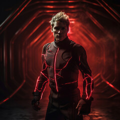 Photo realistic illustration of a superhero powering up for battle. Anatomy and lighting reference. Generative AI.