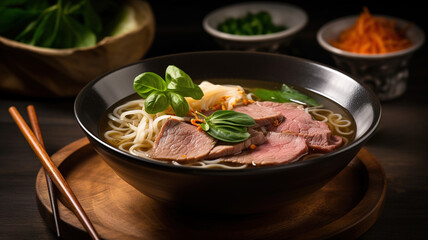 Pho Bo Soup, Traditional Vietnamese Asian food beef dish. Rice noodles on a rustic wooden plate. generative ai