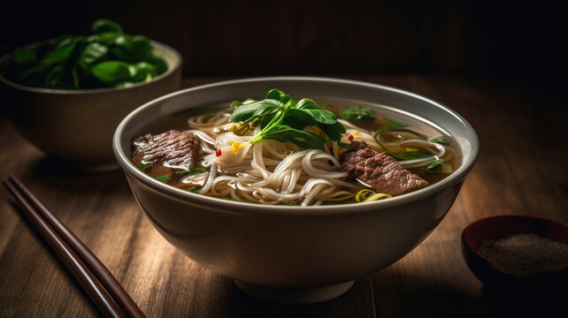 Pho Bo Soup, Traditional Vietnamese Asian food beef dish. Rice noodles on a rustic wooden table, copy space. generative ai
