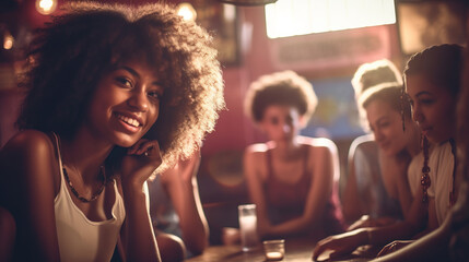 A group of young people out at a gathering having a good time, with the focus on an African American woman. This is not a real person. Generative AI. 