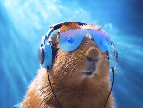 Music dj capybara with sunglasses and headphones - Generative AI