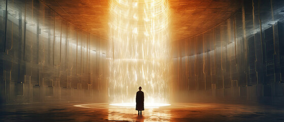 Interior of a nuclear reactor, showing the immense power of atomic energy. Light atoms and atomic particles, at the cosmic core of the universe. The Big Bang. Illustration created with Generative AI.