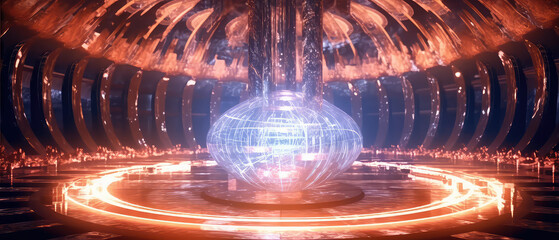 Interior of a nuclear reactor, showing the immense power of atomic energy. Light atoms and atomic particles, at the cosmic core of the universe. The Big Bang. Illustration created with Generative AI.